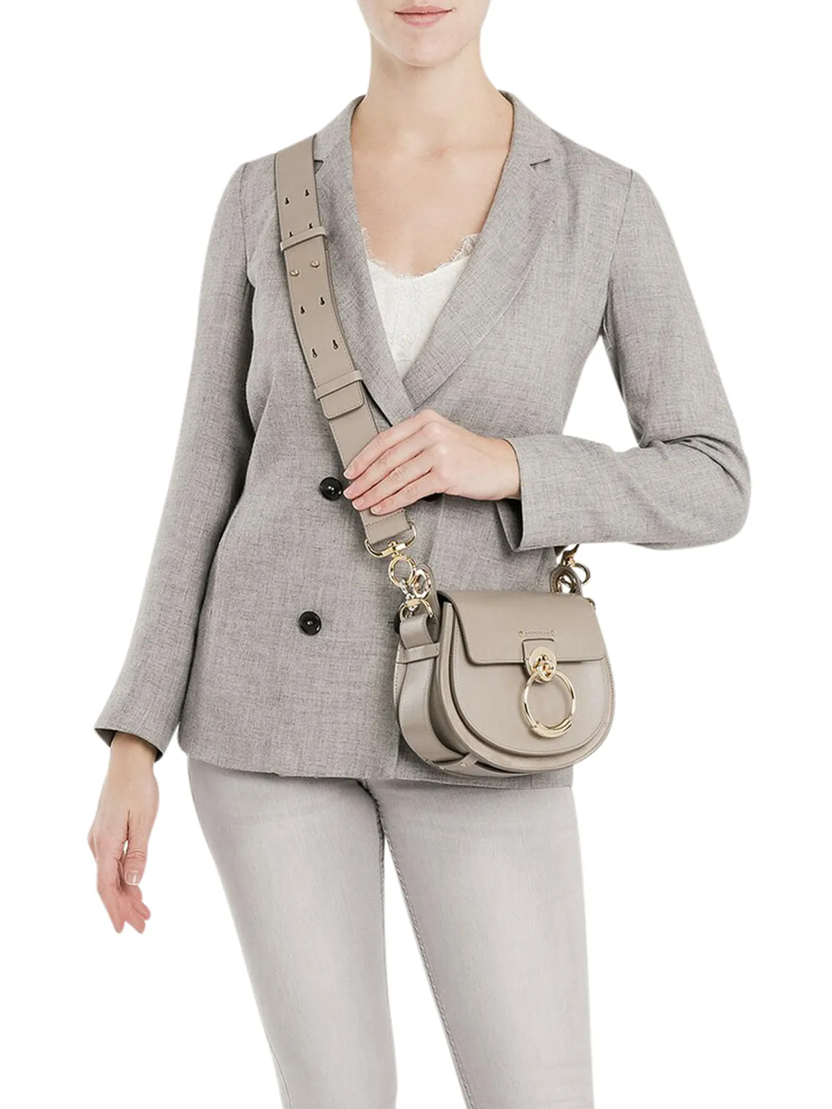 Chlo Tess Logo Embossed Ring Embellished Shoulder Bag