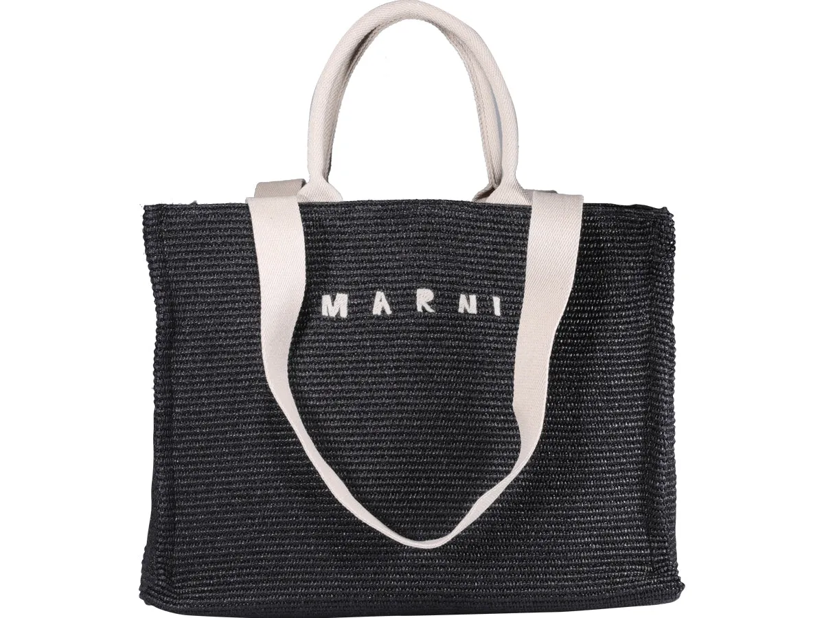 Marni Logo Embroidered Raffia Top Handle Tote Bag